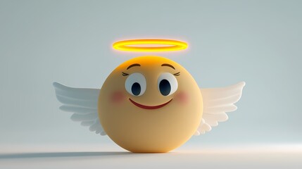 Three dimensional rendering depicts a cheerful emoji character adorned with angelic wings and a glowing halo