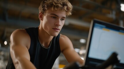 An industrial engineer testing a kinetic energy recovery system on a stationary bike, tracking power generation on a digital dashboard — sustainable engineering, human-powered energy, and fitness