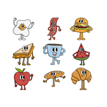 Retro rubber hose food mascots and grocery icons. Vintage 1930s style doodle elements for restaurant branding, kids' menu design, and creative food packaging.