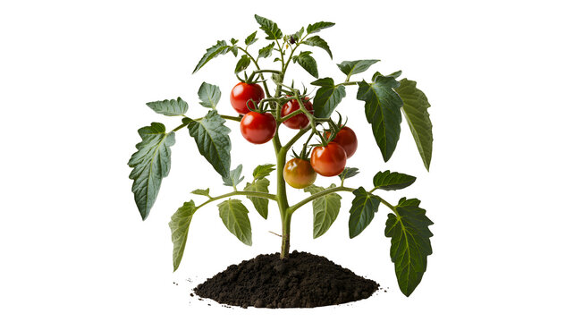 Healthy ripe cherry tomato plant with red fruits and green leaves growing from soil isolated on transparent background