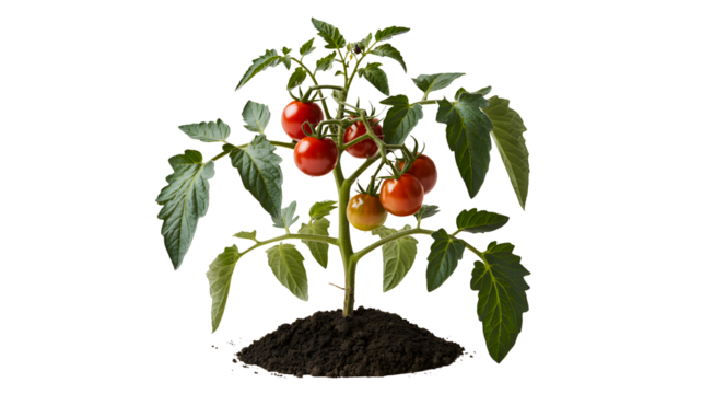 Healthy ripe cherry tomato plant with red fruits and green leaves growing from soil isolated on transparent background