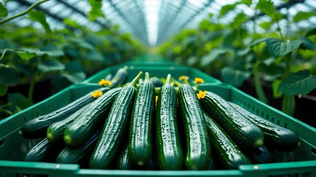 Fresh green cucumbers arranged in a basket amidst rows of leafy plants in a greenhouse showing their glossy texture and vibrant color under soft natural light