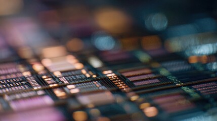 Close-up of a computer circuit board. the board is made up of multiple rows and columns of electronic components, with each row and column having a different color and pattern.