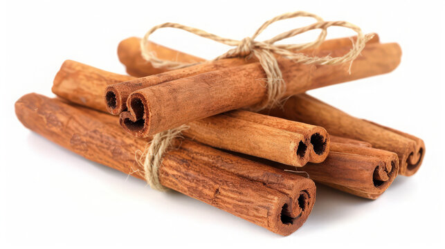 cinnamon sticks tied together on white background - Powered by Adobe