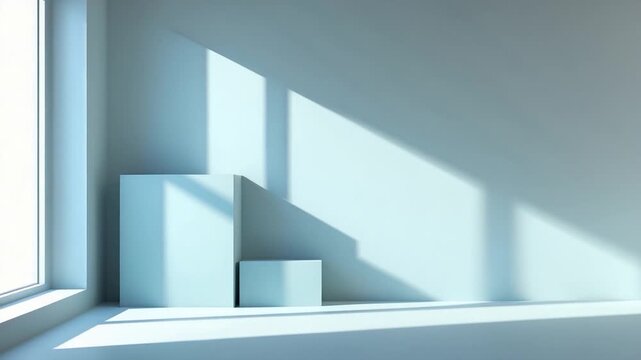 Minimalistic interior featuring three light blue geometric boxes on a clean white surface illuminated by soft natural light streaming through a large window with long shadows cast across the wall