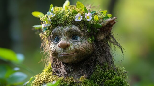 A whimsical creature adorned with moss and flowers smiles softly in a lush green forest. Nature and magic come together in this enchanting scene. Generative AI