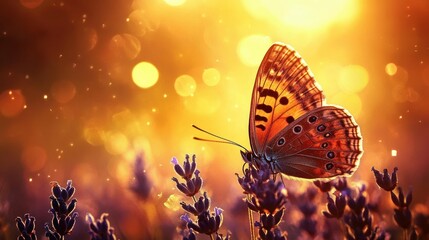 Butterfly resting on lavender flowers against a dreamy, sunlit backdrop