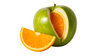 Surprising fusion of a green apple and orange revealed with a slice on a transparent background isolated on transparent background