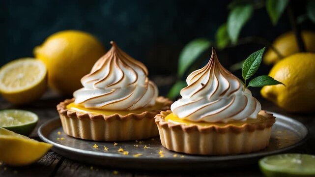 Close-up of beautifully crafted lemon meringue tarts on a silver plate featuring golden-brown toasted meringue peaks vibrant yellow lemon curd fresh mint leaves and bright yellow lemons in a rustic