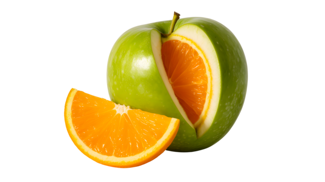 Surprising fusion of a green apple and orange revealed with a slice on a transparent background isolated on transparent background