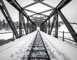 Black and white railroad bridge covered in snow, leading to the horizon