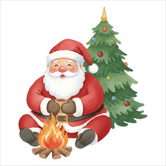 Santa Claus Sitting by Campfire Vector Christmas Illustration Isolated on White Background
