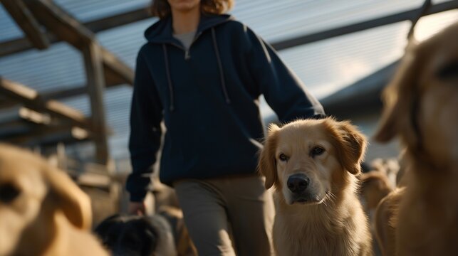 A volunteer walking rescue dogs at an animal shelter, surrounded by wagging tails and morning light — animal welfare advocacy, pet rescue support, and empathetic volunteer work. cinematic color