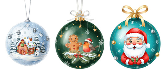 Vibrant Christmas holiday baubles with Santa Claus, gingerbread man, and festive winter illustrations on transparent background