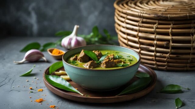 Close-up of delicious curry dish with tender meat pieces garnished with green leaves surrounded by garlic turmeric and a woven basket in a beautifully arranged kitchen setting