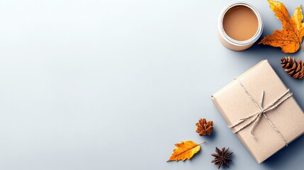 A gift-wrapped box with twine, a cup of coffee, pine cones, and colorful autumn leaves are arranged on a light blue surface.