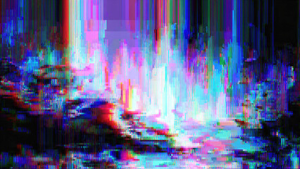 Vibrant digital glitch art showcasing colorful vertical pixel streams and abstract distortion, resembling a futuristic data flow.