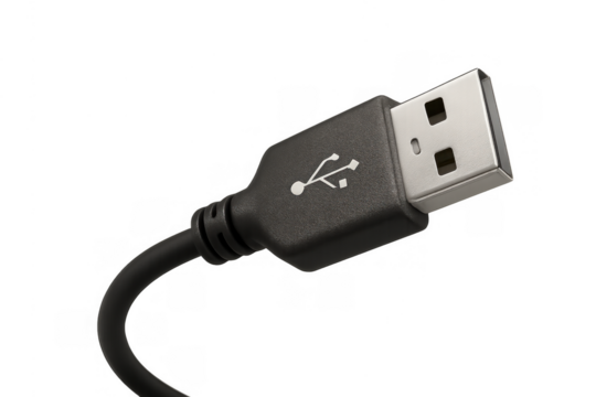 Usb type a connector and cable presenting data transmission, device charging, and universal connectivity. Transparent background