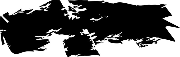 Abstract black grunge brush stroke with textured, ragged edges isolated on a white background.