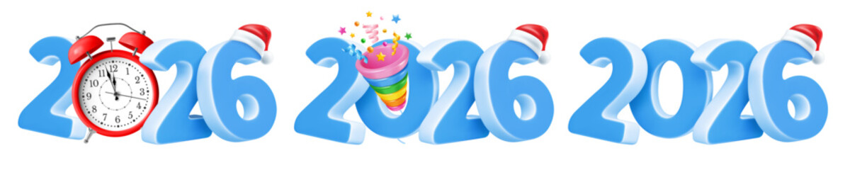 Set of New year creative logo with 3d realistic numbers 2026 in light blue colors, with red alarm clock, party popper with confetti. Santa hat on the number 6. Isolated vector illustration