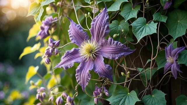 Close-up of vibrant purple clematis flower blooming amidst lush green foliage in soft natural light showcasing intricate petal textures and diverse plant life in a garden setting