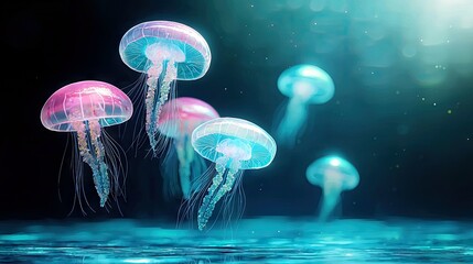 Several translucent jellyfish with glowing pink and blue bells and tentacles drift in a dark, deep blue ocean.
