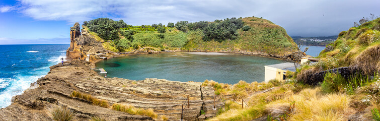 The volcanic crater village island - Ilh&eacute;u da Vila with Franca do Campo in the back, Azores, Portugal