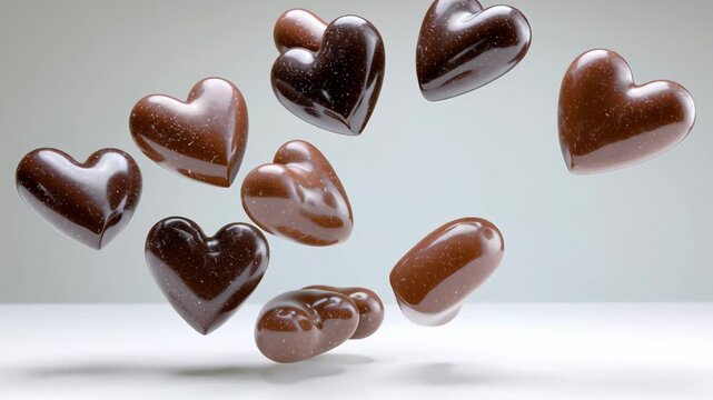 Floating chocolate hearts in various shapes and sizes, captured in a dynamic sequence showcasing their glossy texture and playful movement, with a gradual zoom effect enhancing visual appeal