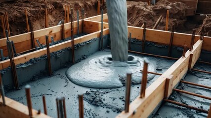 Concrete pouring into wooden frame foundation during construction with metal rebar sticking out showing a smooth gray surface in an outdoor site under natural light and dirt background - Powered by Adobe