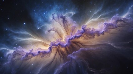 Colorful cosmic nebula swirling with vibrant purple and golden hues in a starry space background dynamic flow and transformation throughout the celestial visuals