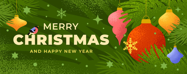 Merry Christmas and Happy New Year greeting banner. Modern minimal Xmas art design with texture, typography, Christmas tree branches, ornaments and snowflakes on green background. Vector Illustration
