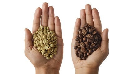 Two hands holding unroasted green coffee beans in one palm and roasted dark brown coffee beans in the other isolated on transparent background