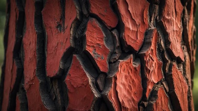 Extreme close-up of vibrant red and black textured tree bark highlighting natural patterns and details captured in soft natural lighting with a blurred green backdrop