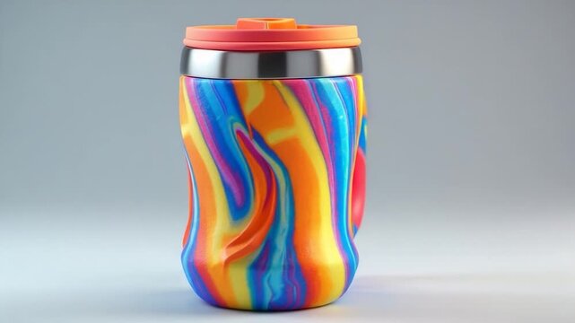 Vibrant multicolored coffee mug with swirling pattern in close-up showcasing glossy texture and bright orange lid against a soft gray background highlighting dynamic visual appeal and design