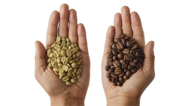 Two hands holding unroasted green coffee beans in one palm and roasted dark brown coffee beans in the other isolated on transparent background - Powered by Adobe
