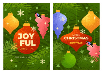 Merry Christmas and Happy New Year greeting banner. Modern minimal Xmas art design with texture, typography, Christmas tree branches, ornaments and snowflakes on green background. Vector Illustration