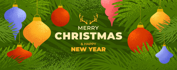 Merry Christmas and Happy New Year greeting banner. Modern minimal Xmas art design with texture, typography, Christmas tree branches, ornaments and snowflakes on green background. Vector Illustration