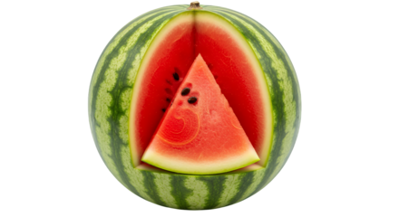 Realistic whole green watermelon with a perfectly cut triangular piece revealing the juicy red pulp and black seeds, isolated on transparent background