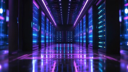 Futuristic data center hallway illuminated by vibrant neon lights showcasing sleek server racks in deep blues and purples reflective floor surface creating striking visual effects - Powered by Adobe
