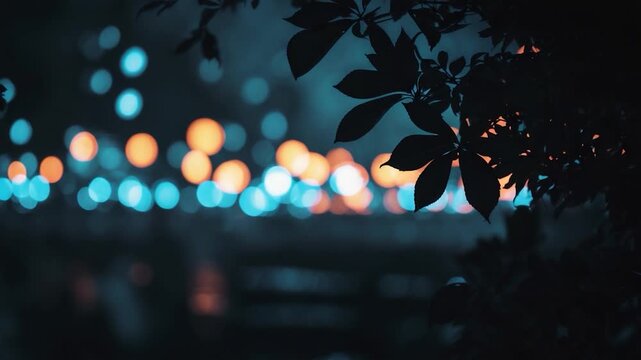 Close-up of blurred colorful bokeh lights featuring soft blue and warm orange hues with dark foliage framing the composition creating a serene atmosphere in a nighttime urban setting
