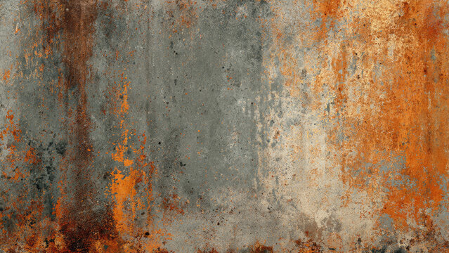 A highly textured surface showcases rich rust-orange corrosion contrasting with weathered grey and beige tones. This grungy backdrop suggests aged metal or concrete decay.