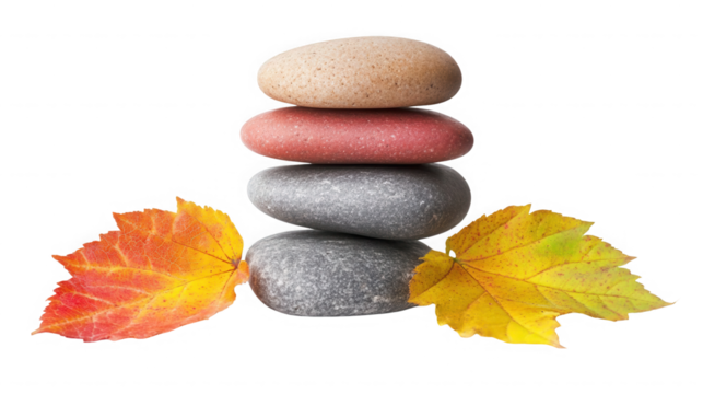 A stack of four smooth stones with autumn leaves on black background on transparent background