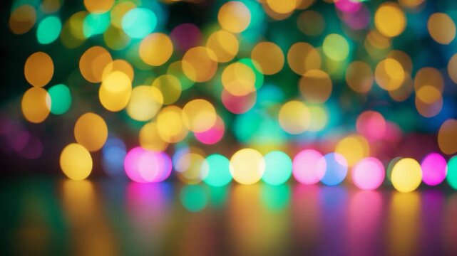 Colorful bokeh lights softly glowing in a blurred background rich hues of blue green yellow and pink creating a festive atmosphere in an indoor setting with a sleek reflective surface