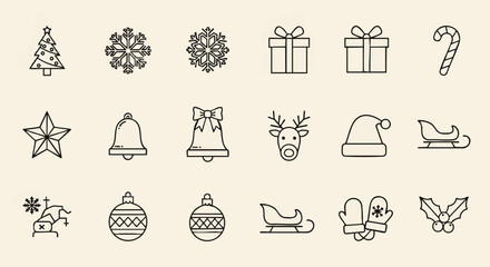 A simple line art concept illustration featuring a collection of Christmas holiday icons