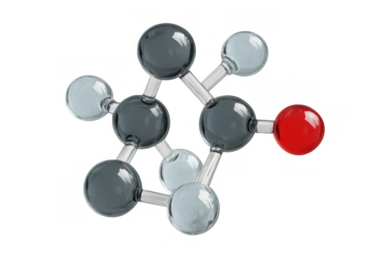 Abstract molecule model with a red atom on transparent background representing scientific research and chemical structure