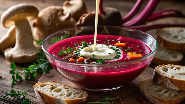 Close-up of vibrant beetroot soup being garnished with cream colorful diced vegetables and herbs placed on a rustic wooden table with fresh mushrooms and sliced bread in soft natural light