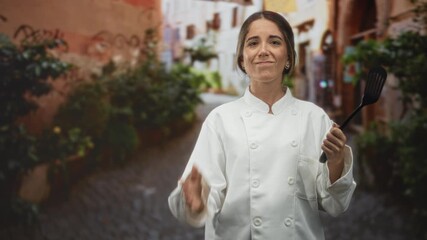 Woman chef wearing white uniform holding spatula, hand to face gesture on a street; quiet determination.