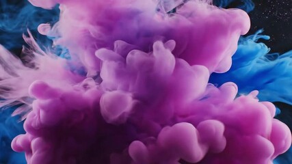 A vibrant plume of pink and purple ink billows and swirls mixing with a deep blue fluid to create an abstract cloud-like formation against a dark background - Powered by Adobe