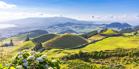Panorama of volcanic landscape taken from viewpoint "Pico do Carvao", Azores, Portugal