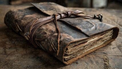 A weathered, handcrafted leather journal with aged pages, secured by a rustic strap and clasp, rests on a dark wooden surface, evoking ancient tales.